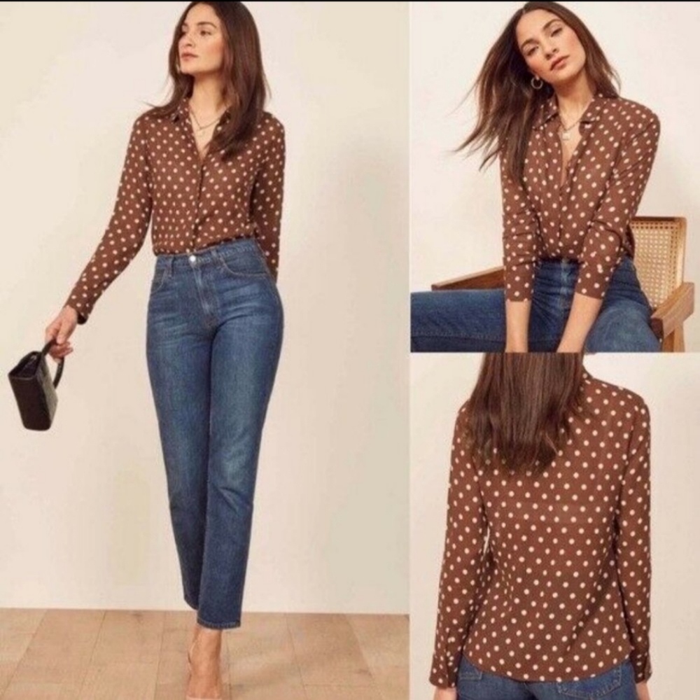 NWOT Reformation Violet Polka Dot Brown Button Up Top